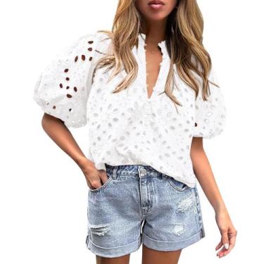 Imagem de Blusa PRETTYGARDEN Decote V com Renda Bordada Vazado Branca G