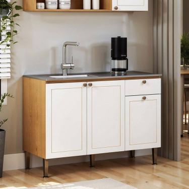 Imagem de Balcão de Cozinha para Pia 120 Cm Essência Frizz 3 Portas 1 Gaveta 100% Mdf Cinamomo/Br...