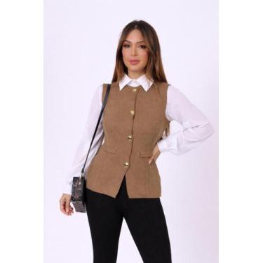 Imagem de Colete Feminino Alfaiataria Acinturado Botões Dourados Elegante Social