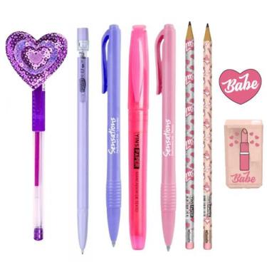 Imagem de Kit Papelaria Fofa Babe Heart Kawaii Lapis Borracha Apontador Caneta F