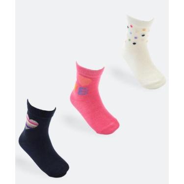 Imagem de Kit 3 Meias Infantil Estampa Coração Marisa Rosa-27099, Rosa, Azul, Br