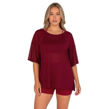 Imagem de Blusao Tule Feminina Manga Curta Fitness Academia Vinho Tamanho:ÚnicoC