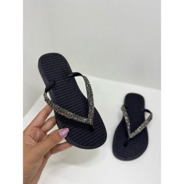 Imagem de Chinelo Rasteiras Feminino Strass Luxo - San Andres, Preto brilhante, 