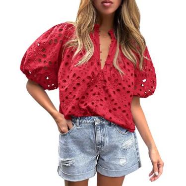 Imagem de Blusa Vermelha de Renda com Decote em V Feminina PRETTYGARDEN Verão XL