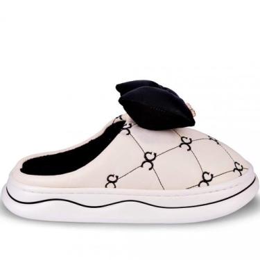 Imagem de Pantufa Feminina Forrada com Laço Zariff 803339, Branco, Preto, 39/40