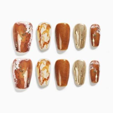 Imagem de Unhas Postiças Sun&Beam Nails Marrom e Dourado - 10 Unidades
