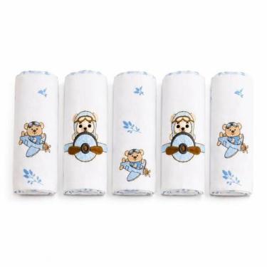 Imagem de Kit 5 Fraldas Enxoval Bebê Bordado/Estampa Ursinho aviador - Marybaby