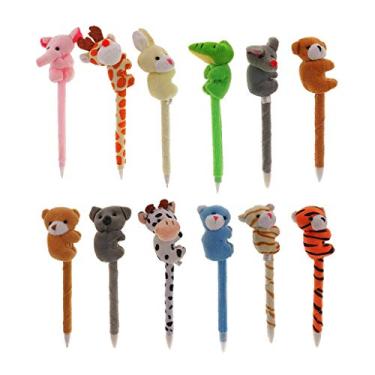 Imagem de 12 canetas de pelúcia de animais – canetas fofas de desenho animado