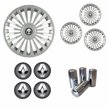 Imagem de Jogo Calota Aro 13 Europa Premium Renault + Emblema Resinado + Tampa Ventil Cromada (Sandero Logan Clio Scenic Megane)