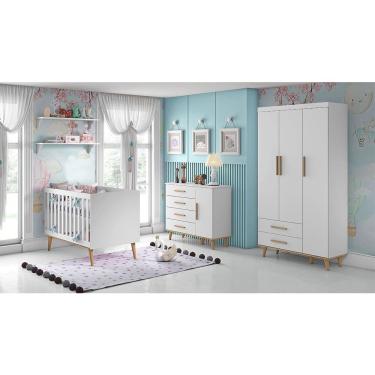 Imagem de Kit Quarto Infantil Ludmila Branco - Berço + Cômoda com Porta + Guarda-Roupa