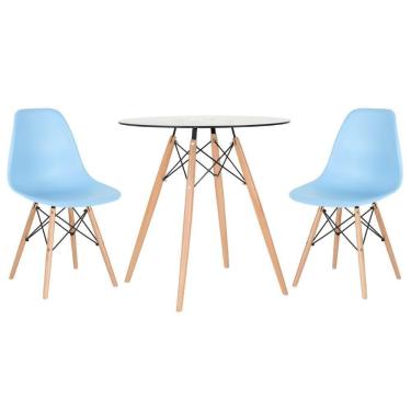 Imagem de Mesa Redonda Eames Com Tampo De Vidro 70 Cm + 2 Cadeiras Eiffel Dsw Azul Claro