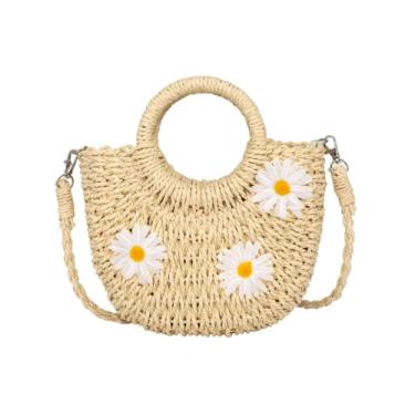 Imagem de Bolsa feminina de palha, bolsa de mão redonda, bolsa de vime retrô de verão praia bolsa mensageiro de ombro margarida, Bege