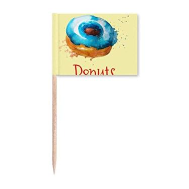 Imagem de Aquarela pintada à mão donut azul sobremesa palito bandeiras marcadoras decoração de festa