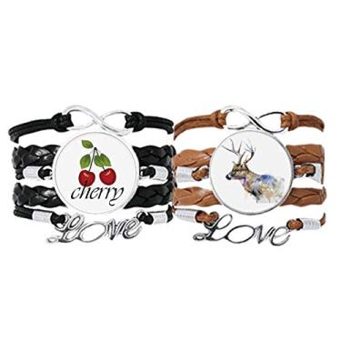 Imagem de DIYthinker Pulseira colorida com efeito artístico de rena animal pulseira de mão corda de couro cereja amor pulseira conjunto duplo, Não se candidatar