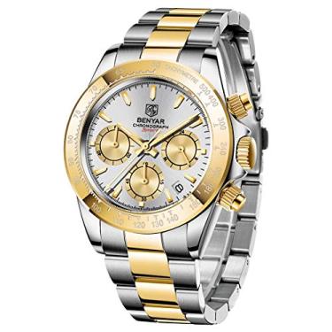 Imagem de BENYAR Relógios masculinos clássicos de aço inoxidável com cronógrafo de negócios, Golden white