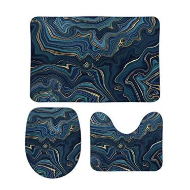 Imagem de Top Carpenter Conjunto de 3 peças antiderrapante de tapete de banheiro com textura azul e contorno macio + tampa de vaso sanitário + tapete para decoração de banheiro