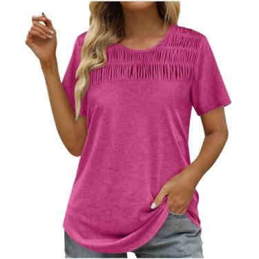 Imagem de Camiseta feminina básica franzida outono verão manga curta gola redonda caimento solto camiseta longa feminina 2024 Y2K, E-524 Rosa choque, M