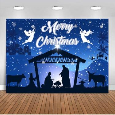 Imagem de ANSHUHAI Pano de fundo de Natal Presépio Decorações de Natal Faixa de Natal Azul Grande Decorações de Festa de Feliz Natal Fundo de Fotografia de Natal (Azul, 2,1 x 1,5 m)