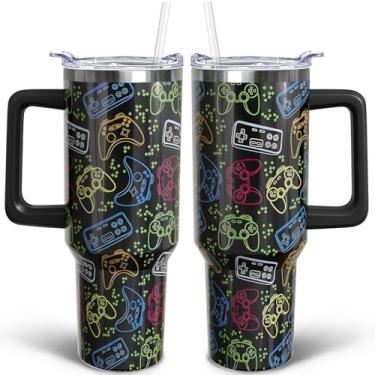 Imagem de puhnhsv Copo para jogos de 1,134 g com alça e canudo, copo de aço inoxidável isolado para jogos de 850 g canecas de café para viagem, garrafa de água, presentes para homens e meninos