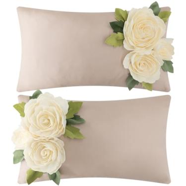 Imagem de KINGROSE Pacote com 2 capas de almofada 3D rosa floral capa de almofada decorativa para sofá, poltrona, sala de estar, cama, decoração de casa, 35 x 61 cm, algodão cáqui