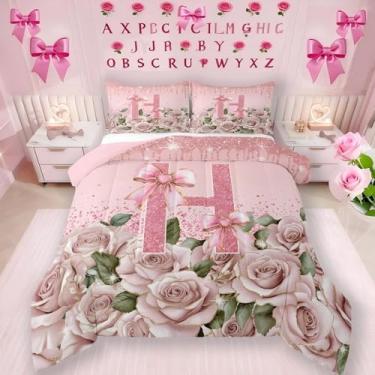 Imagem de Erosebridal Conjunto de edredom com letra A a Z, personalizado, letra H, solteiro, monograma, laço rosa, romântico, edredom kawaii