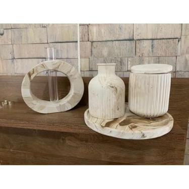 Imagem de Vaso Decorativo Artesanal Oval Boho em Cimento (Kit 4 peças cor Ocre)