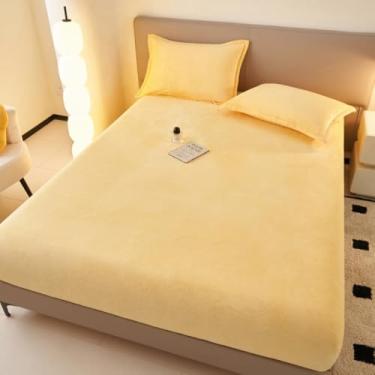 Imagem de Capa de colchão, cor sólida, luxuosa, macia, veludo, protetor de colchão, antiderrapante, tamanho queen, bordas elásticas para todas as estações, amarelo 150 x 200 cm (apenas capa de colchão)