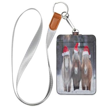 Imagem de Wassud Três cavalos em miniatura em chapéus de Papai Noel, cordões de couro PU para crachás de identificação, porta-chaves, porta-crachás, cartões de crédito para escritórios, funcionários estudantes