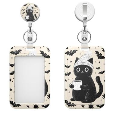 Imagem de Porta-crachá retrátil com clipe de mosquetão e chaveiro, várias opções de padrões, bonito e moderno (morcego de gato preto)
