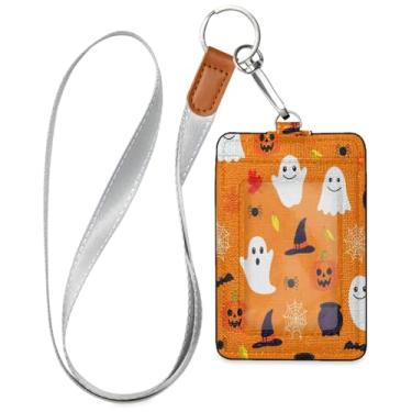 Imagem de Wassud Porta-crachá de couro PU fofo Boo Halloween com cordão, porta-cartão de identificação para trabalho, cordão de pescoço com compartimentos para cartões de crédito, funcionários, estudantes, 39,9