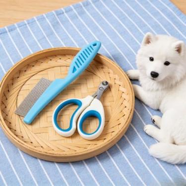 Imagem de Kit de cuidados para animais de estimação azul, conjunto de pente de 2 peças e tesouras pequenas para escovação e corte de detalhes de pelo de cães e gatos