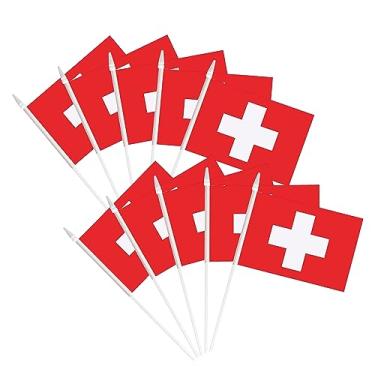 Imagem de Bandeiras suíças suíças de mão pequenas Suíça pequenas bandeiras em bastão suíço em miniatura bandeiras com haste sólida de 32 cm e topo de lança, celebração de eventos de festa, escola, grande inauguração, aniversário infantil, clubes esportivos, decorações de celebração (pacote com 25)