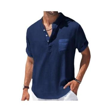 Imagem de Camisa Masculina de Linho Casual - Manga Curta, Gola Alta e Bolso, BR-