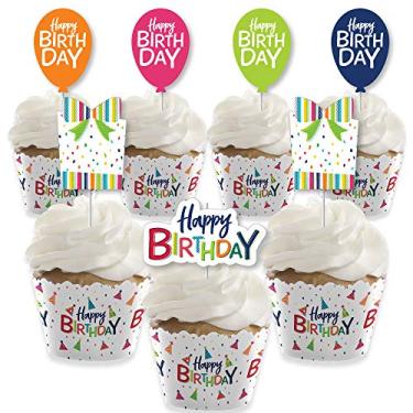 Imagem de Big Dot of Happiness Cheerful Happy Birthday – Decoração de cupcake – Kit de cupcake colorido de festa de aniversário e palitos de guloseimas – Conjunto de 24
