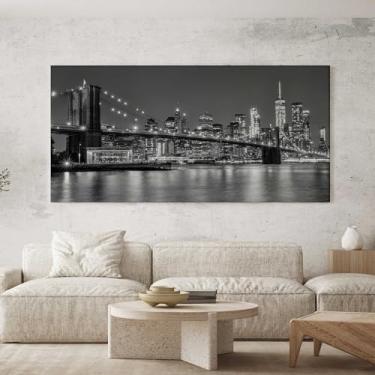 Imagem de Quadro Decorativo para Sala Quarto Hall 100x50 Ponte Manhatan NY Paisagem Preto e Branco Cidade Horizontal Grande Decoração Parede Tela