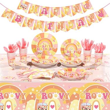 Imagem de Conjunto de talheres de festa de aniversário com 189 peças, dois estilosos conjuntos de talheres para festa de aniversário, estampa hippie, 24 peças, 24 pratos de jantar, pratos de sobremesa, copos e guardanapos para meninas, retrô, arco-íris, boho, decoração de festa