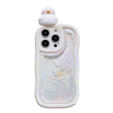 Imagem de wifantien Capa de areia movediça líquida fluindo para iPhone 16 Pro, linda moldura kawaii, com moldura ondulada, pato engraçado, proteção total para câmera infantil, meninas, mulheres, capa de TPU