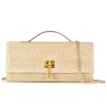 Imagem de QTKJ Bolsa de praia de palha, bolsa de ráfia, bolsa transversal adequada para férias, viagens, uso diário, Caqui, One Size