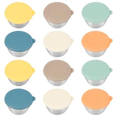 Imagem de 12 recipientes para molho de salada, recipientes de molho de aço inoxidável de 6 cores, pequeno recipiente para condimentos com tampas, copos de condimento à prova de vazamento, copos de molho