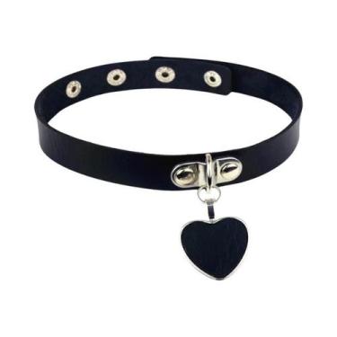 Imagem de Colar Choker Punk Preto Para Mulheres Em Couro PU Com Coração, Cadeado
