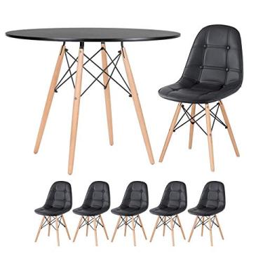 Imagem de Loft7, Kit Mesa Eames 100 cm preto + 5 cadeiras estofadas Eiffel Botonê preto