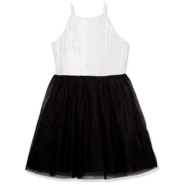 Imagem de Calvin Klein Vestido de festa sem mangas para meninas, silhueta justa e flare, decote redondo e fecho de zíper nas costas, Branco/lantejoulas, 7