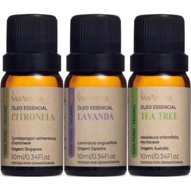 Imagem de Kit 3 Óleos Essenciais Via Aroma 100% Puros Clássicos Naturais Para Difusor, Massagem e Aromaterapia Escolha o seu (Lavanda+Tea Tree+Citronela)