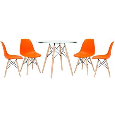 Imagem de Loft7, Mesa redonda Eames com tampo de vidro 90 cm + 4 cadeiras Eiffel DSW Laranja