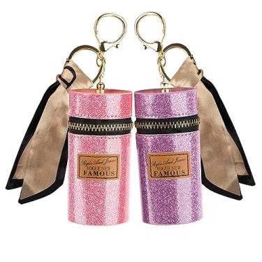 Imagem de Adorila Pacote com 2 porta-chaves, organizador de batom de couro com brilho labial, bolsa de batom de viagem para bolsa, perfume, esmalte de unha, Rosa + roxo
