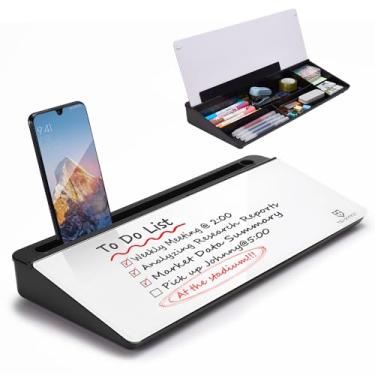 Imagem de Quadro branco de vidro pequeno apagável a seco - suporte para teclado de computador, bloco de superfície de quadro branco com gaveta, organizadores de mesa com acessórios para escritório, casa,
