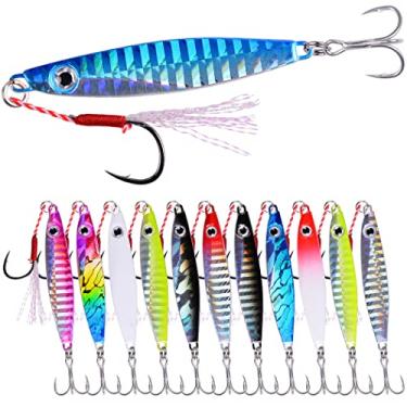Imagem de Aorace 12 peças de 40 g 8,5 cm de metal iscas de pesca em água salgada, kit de iscas para pesca de surfe, pesca de surfe, lenta vertical, gabaritos de chumbo artificiais, sortidos para robalo, truta