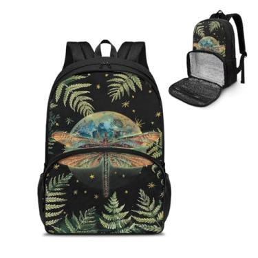Imagem de Tomeusey Mochila térmica para almoço com compartimento para refeições, mochila casual de caminhada com bolsos laterais para garrafa, Dragonfly Moon