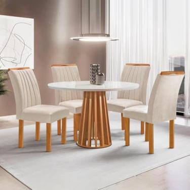 Imagem de Conjunto Mesa Tampo Redondo Plus Vidro Kansas 100cm 4 Cadeiras Arizona Cinamomo/off White/suede Bege