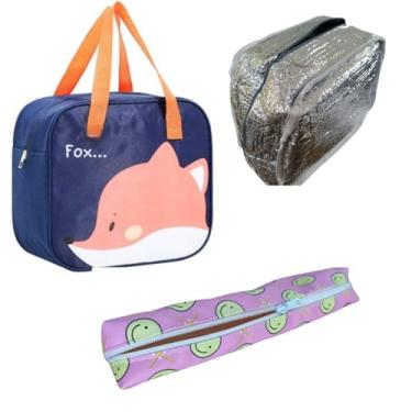 Imagem de Lancheira Infantil Bolsa Térmica com Zíper para Escola, Escritório, Viagem, Acampamento, Caminhada com Pochete Porta Lápis Desenhos Animais